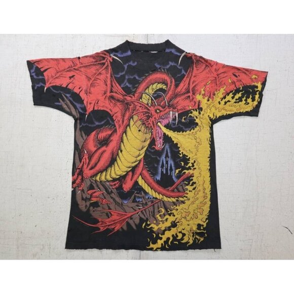 Vintage 90s Liquid Blue AOP Dragon Vs. Knight 1993 T Shirt Single Stitch Sz L